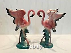 Vintage PINK FLAMINGO Wings Up Ceramic Figurines Statue MATCHING PAIR 2pcs