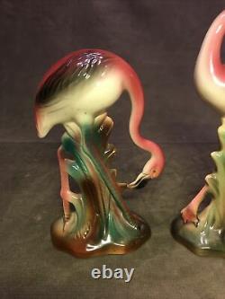 Vintage Pair Ceramic PINK FLAMINGOS Mid Century MCM 10& 7.5 Beautiful