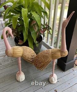 Vintage Retro 2 Pink Flamingo Wood Cane Rattan Reed Hand Carved