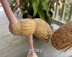 Vintage Retro 2 Pink Flamingo Wood Cane Rattan Reed Hand Carved