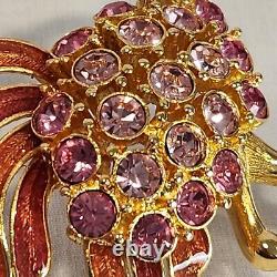 Vintage Trifari SIGNED Crystal & Enamel Pink Flamingo Gold Tone Brooch