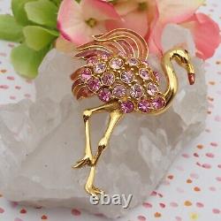 Vintage Trifari TM Pink Rhinestone Enamel Flamingo 3 Gold Tone Pin Brooch