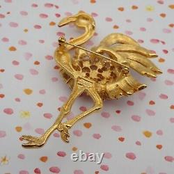 Vintage Trifari TM Pink Rhinestone Enamel Flamingo 3 Gold Tone Pin Brooch