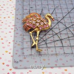 Vintage Trifari TM Pink Rhinestone Enamel Flamingo 3 Gold Tone Pin Brooch