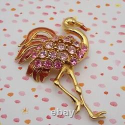 Vintage Trifari TM Pink Rhinestone Enamel Flamingo 3 Gold Tone Pin Brooch