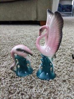 Vintage ULTRA RARE PAIR OF WINGS UP AND FEEDING FLAMINGOS MID CENTURY