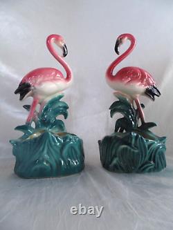 Vtg 50s Pair 10 Pink Flamingo Ceramic Figurine Planters MCM Art Deco Birds VGC