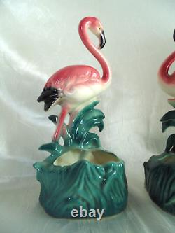 Vtg 50s Pair 10 Pink Flamingo Ceramic Figurine Planters MCM Art Deco Birds VGC