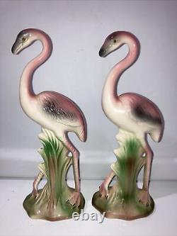 Vtg Lot of 2 MCM Pink Flamingo Ceramic Figurines 10 Inch