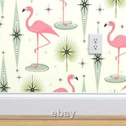 Wallpaper Roll Retro Pink Flamingo Birds Flamingos Palm Leaves 24in x 27ft