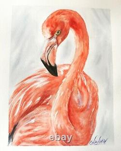 Watercolor original painting Flamingo Art US