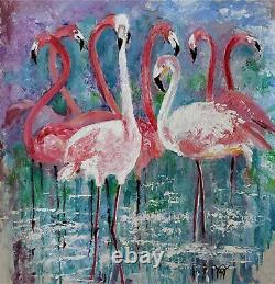 YARY DLUHOS ORIGINAL ART OIL PAINTING Pink Flamingos Wildlife Birds Beach Water