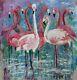 Yary Dluhos Original Art Oil Painting Pink Flamingos Wildlife Birds Beach Water